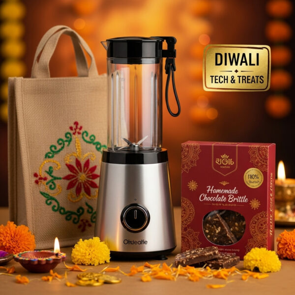 Diwali Tech & Treats Gift Set – Blender, Chocolate Brittle & Jute Bag