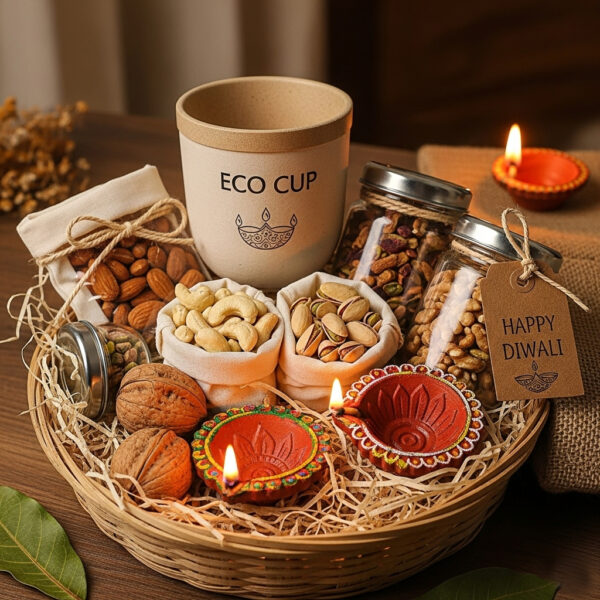 Sustainable Diwali Hamper – Eco Cup, Premium Dry Fruits & Diyas