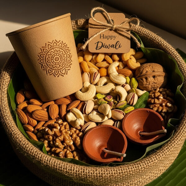 Eco-Friendly Diwali Hamper – Cup, Premium Dry Fruits & Diyas