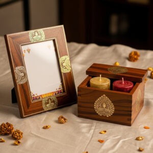 Elegant Diwali Gift Set for Clients – Wooden Photo Frame & Candle Box