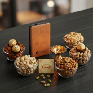 Premium Corporate Diwali Gifts – Wooden Power Bank & Gourmet Dry Fruits
