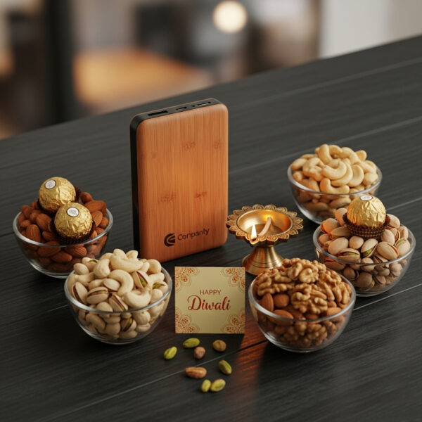Premium Corporate Diwali Gifts – Wooden Power Bank & Gourmet Dry Fruits